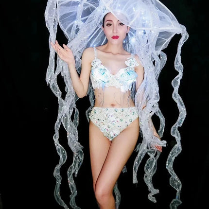 Pearl & Crystal Bustier Bikini Set & LED Illuminated Jellyfish Tentacle Headdress Stage Costume