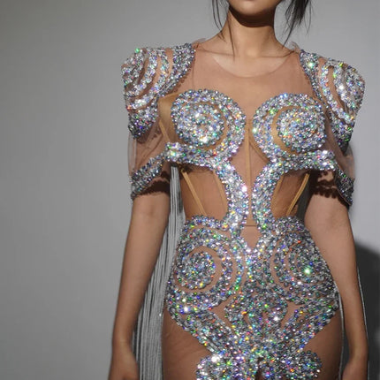 Sparkly Silver Rhinestone Sheer Cape Dress Stage Costume
