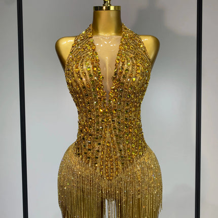 Gold Rhinestone Sheer Mesh Bodysuit Luxury Stage Performance Jumpsuit