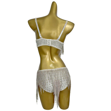 Rhinestone Tassel Bra Top & High-Waist Hollow-Out Shorts 2-Piece Costume Set