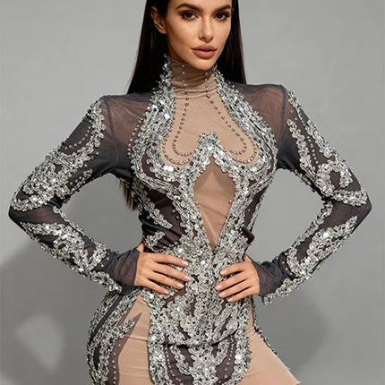 Sparkly Silver Rhinestone & Sequin Sheer Mesh Mini Dress Stage Costume