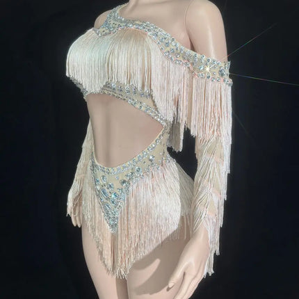 Sparkly Silver Crystal Rhinestone & Shoulder Fringe Bodysuit Stage Performance Costume