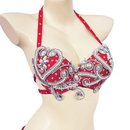 Sparkly Beaded Belly Dance Bra & Fringe Hip Belt Two-Piece Stage Costume Set