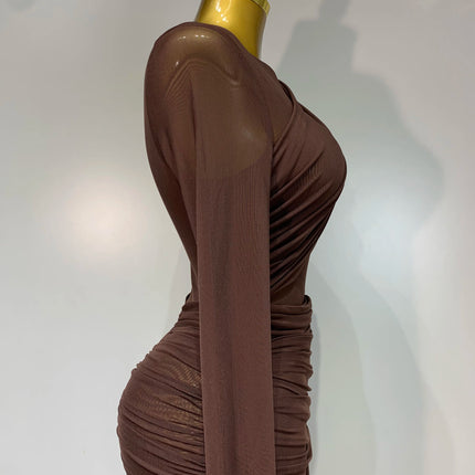 Ruched Mesh Draped Bodycon Maxi Dress Long Sleeve Illusion Evening Gown