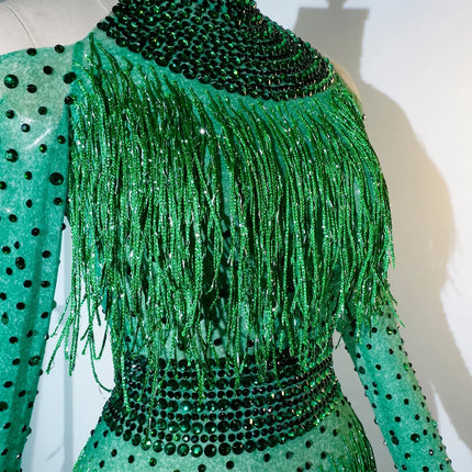 Rhinestone Tassel Mesh Performance Bodysuit