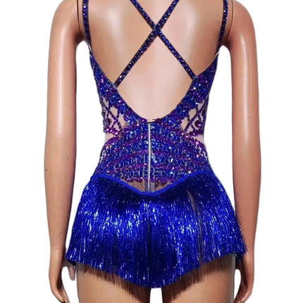 Rhinestone Fringe Bodysuit with Cutout Mesh Panels