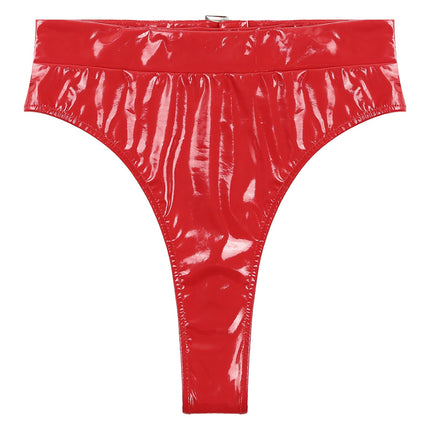 High-Waist Patent Leather Wet-Look Briefs with Adjustable Back Buckle Belt
