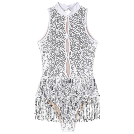 Glitter Sequin Fringe Latin Dance Leotard & Backless Performance Bodysuit