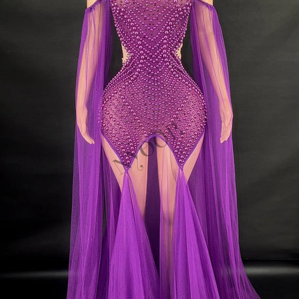Rhinestone & Pearl Off-Shoulder Sheer Illusion Long Dress Gala Evening Costume