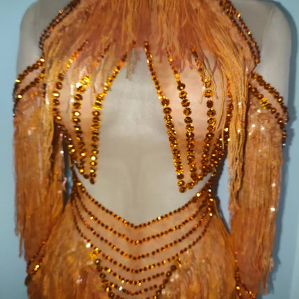 Orange Sparkly Crystal Fringe Bodysuit Off-Shoulder Stage Performance Costume Leotard