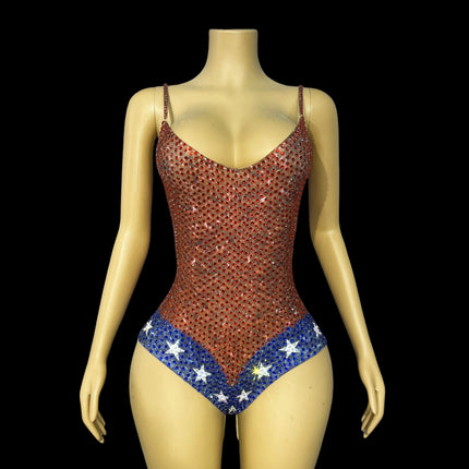 Twinkling Rhinestone Stars High-Cut Stage Bodysuit Dance Performance Leotard
