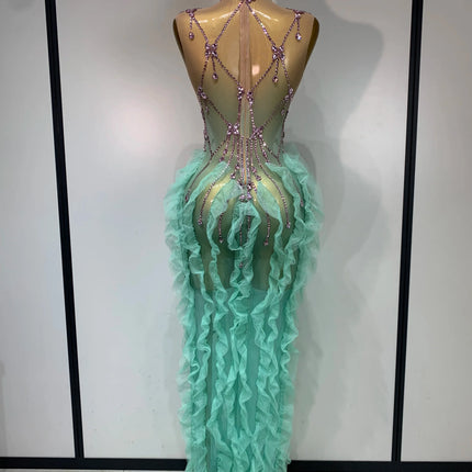 Mint Green Ombré Rhinestone Illusion Gown Tiered Ruffle Hem Maxi Stage Dress