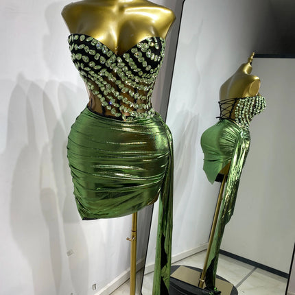 Rhinestone Tube Bustier Corset Top & Bronzing Mini Skirt 2-Piece Performance Set