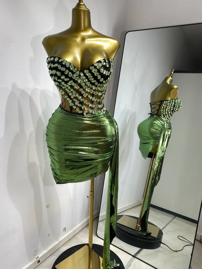 Rhinestone Tube Bustier Corset Top & Bronzing Mini Skirt 2-Piece Performance Set