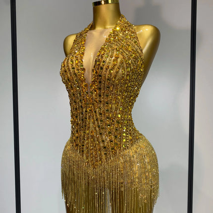 Gold Rhinestone Sheer Mesh Bodysuit Luxury Stage Performance Jumpsuit