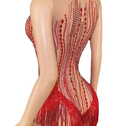 Sparkly Rhinestone, Sequin & Fringe Sleeveless Bodysuit Stage Performance Costume
