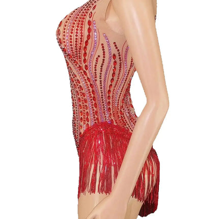 Sparkly Rhinestone, Sequin & Fringe Sleeveless Bodysuit Stage Performance Costume