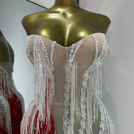 Pearl & Crystal Bustier High-Slit Maxi Gown Cascading Ombré Fringe Evening Dress