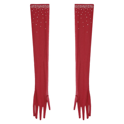 Rhinestone Latin Dance Dress, Mesh Tiered Tassel Bodysuit & Long Gloves Set