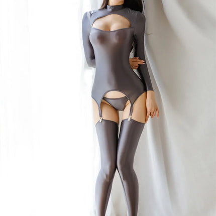 Oil Glossy Hollow-Out Elastic Open Crotch Bodysuit & Garter Stockings Set
