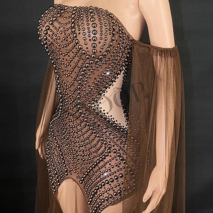 Rhinestone & Pearl Off-Shoulder Sheer Illusion Long Dress Gala Evening Costume
