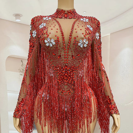 Sparkly Rhinestone Tassel High-Cut Stage Performance Bodysuit Dance Leotard