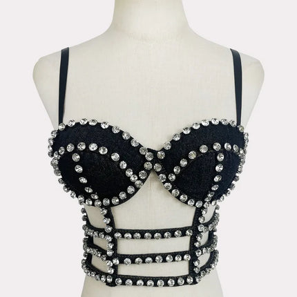 Studded Denim Bustier Crop Top Studded Punk Style Stage Costume Top