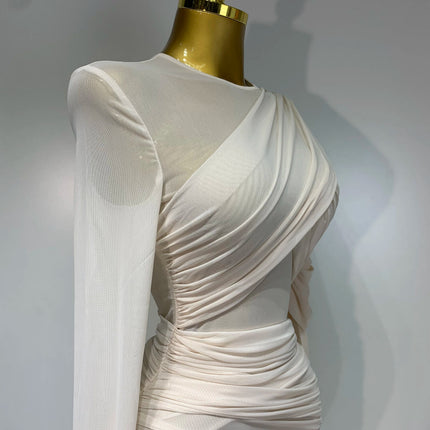 Ruched Mesh Draped Bodycon Maxi Dress Long Sleeve Illusion Evening Gown