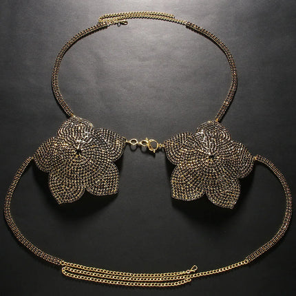 Crystal Flower Bust Chain Bra – Luxury Rhinestone Harness Top & Statement Lingerie for Raves, Festivals & Nightclub Events