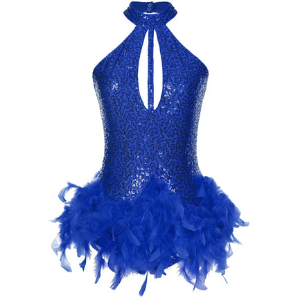 The Stardust Empress Royale – Sequined & Feathered Latin Dance Leotard Dress