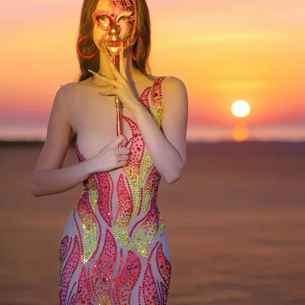 Flaming Fire Print Rhinestone Maxi Dress Sleeveless High-Slit Stage Performance Gown