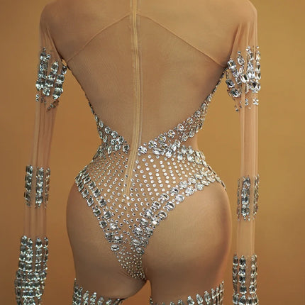 Sparkly Silver Rhinestone Sheer Mesh Jumpsuit Stage Performance Costume