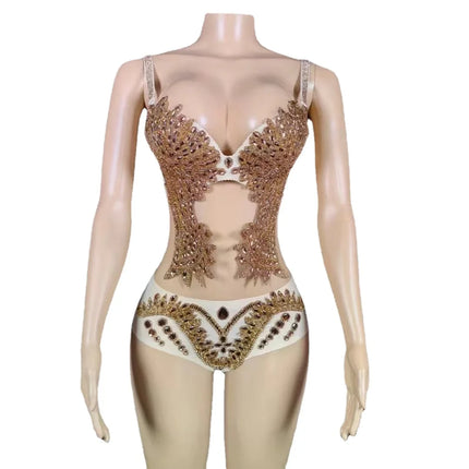 Sparkly Gold Rhinestone Two-Piece Bikini Bra & Shorts Set Stage Performance Costume