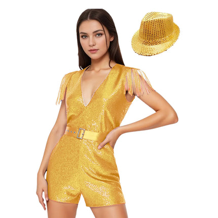 Sequin Tassel Romper, Adjustable Belt & Matching Hat Stage Dance Costume Set