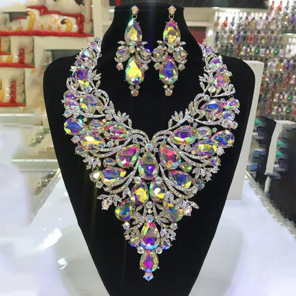 Multicolored Rhinestone Drop Necklace & Earring Set