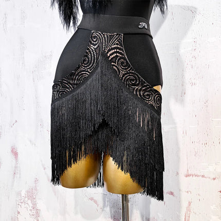 Black Fluffy Dance Leotard & Fringe Practice Skirt Latin Performance Costume Set