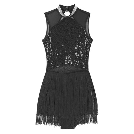 Sparkly Sequin & Fringe Dance Dress with Gloves Latin Stage Performance Costume