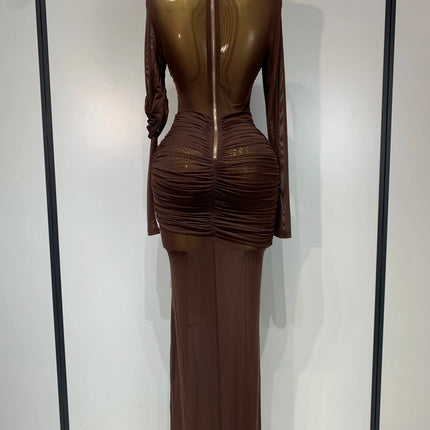 Ruched Mesh Draped Bodycon Maxi Dress Long Sleeve Illusion Evening Gown
