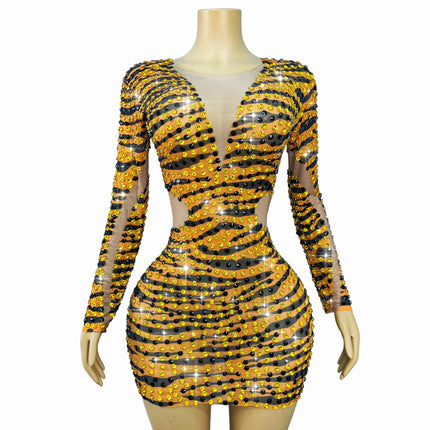 Tiger Print Rhinestone Mesh Long-Sleeve Mini Dress Deep V-Neck Stage Costume