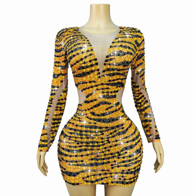 Tiger Print Rhinestone Mesh Long-Sleeve Mini Dress Deep V-Neck Stage Costume