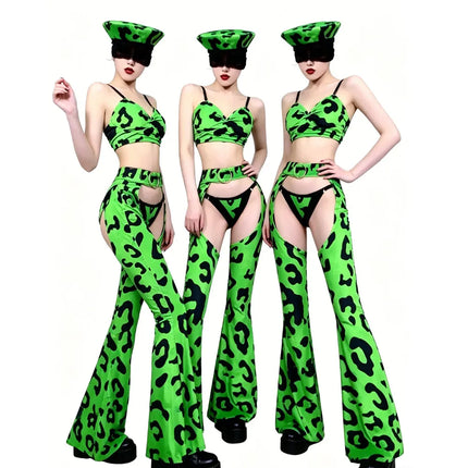 Neon Green Leopard Bikini Top, Wide-Leg Chaps Pants & Hat 4-Piece Stage Dance Costume Set