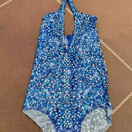 Blue Rhinestones Halter Off-Shoulder Deep V-Neck Mesh Leotard