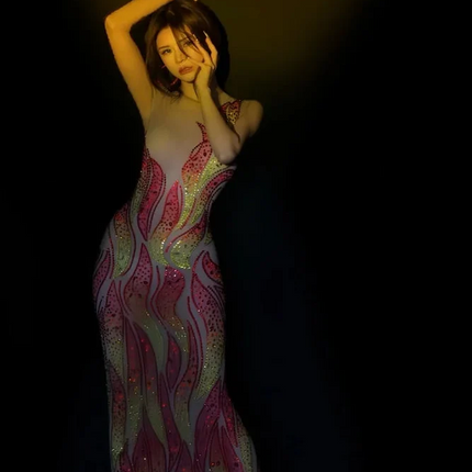 Flaming Fire Print Rhinestone Maxi Dress Sleeveless High-Slit Stage Performance Gown