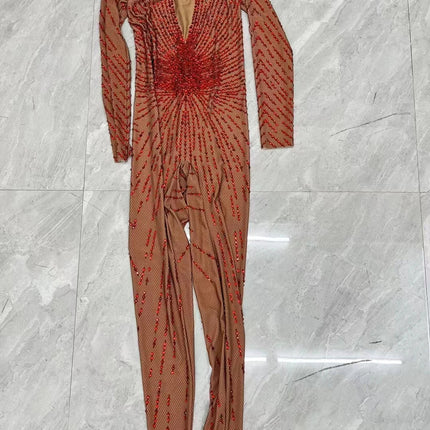 Crimson Red Rhinestone Catsuit Long Sleeve Illusion Stage Performance Jumpsuit