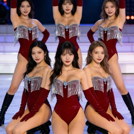 Luxury Wine Red Off Shoulder Dance Bodysuit Silver Tassel Trim Long Burgundy Gloves Outfit Nightclub Stage Performance Costume