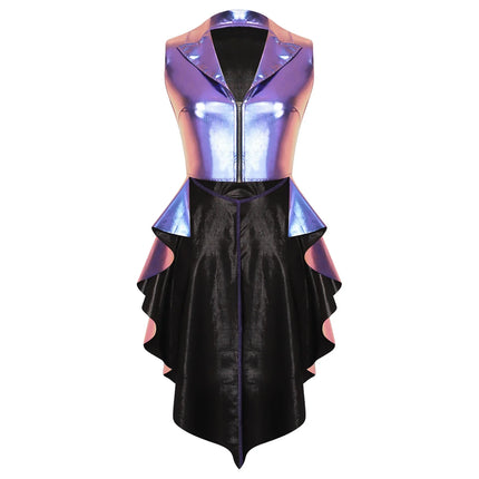 Metallic Wet-Look Sleeveless Tailcoat Jacket with Asymmetrical High-Low Hem