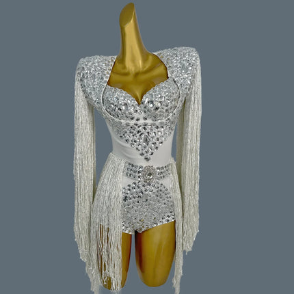 The Stardust Cascade Fringe Bodysuit – Luxury Rhinestone Long-Sleeve Showgirl Costume