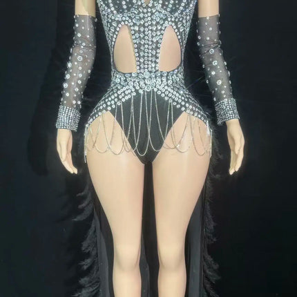 Rhinestone Chain Bodysuit with Detachable Feather Train & Sleeves 3-Piece Stage Costume Set