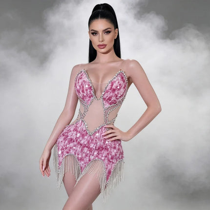 Sequin Beaded Tassels Mini Dress Crystals Mesh Bodycon Stage Performance Outfit