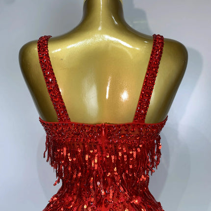 Sparkly Rhinestone Tassel Backless Mesh Bodysuit Luxury Stage Performance Costume